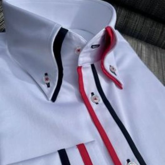 MorCouture Wht Red Black Trim Double Collar Shirt